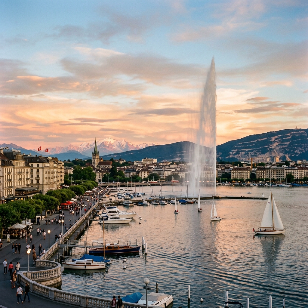 Geneva jet d'eau water fountain and lake